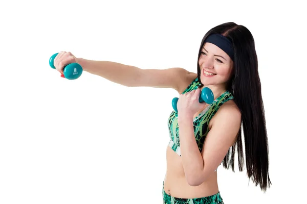 Schöne brünette Mädchen mit langen Haaren trainiert Boxen mit du — Stockfoto