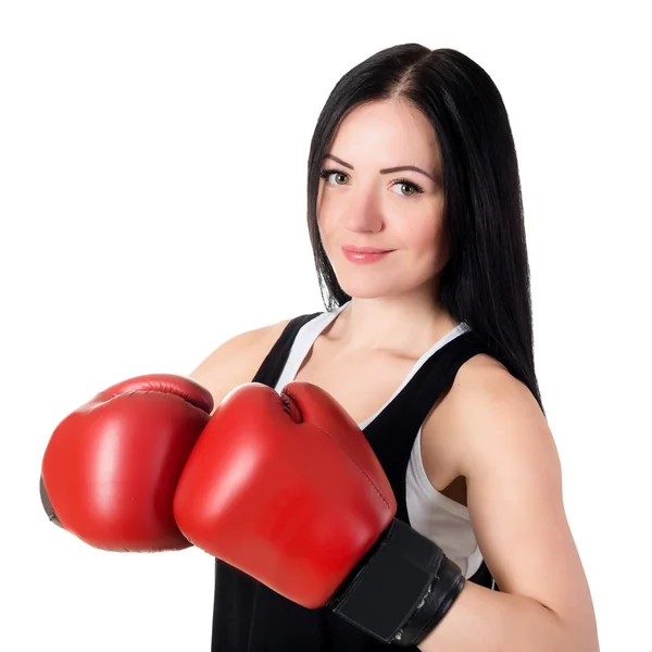 Portrait of a beautiful young brunette woman with red boxing glo Stock Image