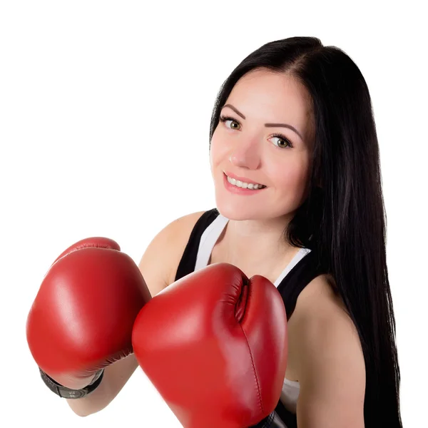 Portrait of a beautiful young brunette woman with red boxing glo Stock Picture