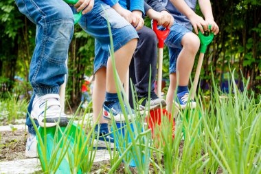 Bir grup çocuk oyun bahçesinde plastik kürek ile