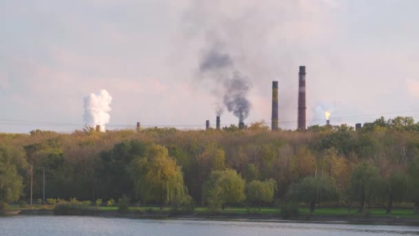 森林和河流附近工厂管道的烟雾 重工业厂房造成的空气和自然污染的全球环境问题 — 图库视频影像