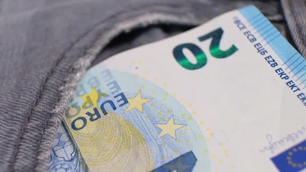 Банкнота Евро Джинсовом Кармане Вращающемся Столе Крайний Крупный План Мелкая — стоковое видео