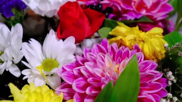 Rotating beautiful bright bouquet of multicolored chrysanthemum and rose flowers. Best gift for a woman. — Stock Footage Rotating Beautiful Bright Bouquet Multicolored Chrysanthemum Rose Flowers Best Gift Stock Footage