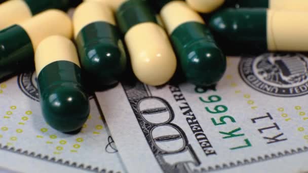 American Dollars Money Many Medical Pills Yellow Green Capsules Turning — Stock Video