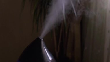 Karanlık odadaki modern hava nemlendiricisinden buhar çıkıyor. Yakın plan, insan yok..