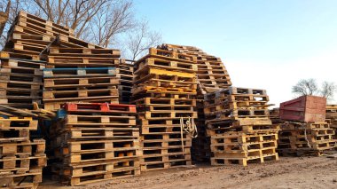 Birçok Eski Kullanılmış Ahşap Paletler kargo taşıma şirketinin ambarına yığılmış durumda..