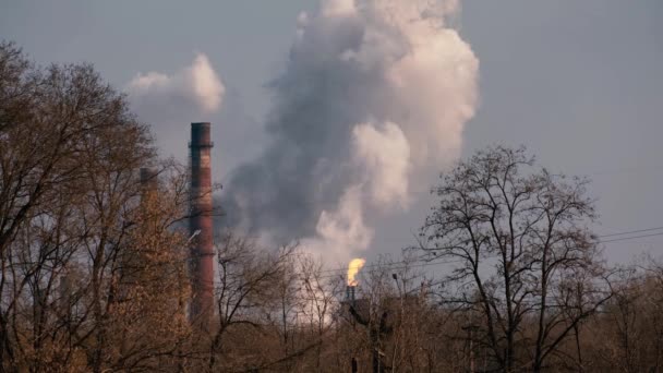 Grote Witte Stoomwolk Van Fabriekspijpen Een Blauwe Lucht Achtergrond Wereldwijd — Stockvideo