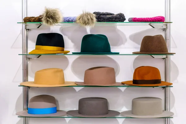 Collection Chapeaux Multicolores Pour Femmes Sur Rack Dans Une Vitrine — Photo