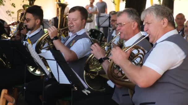 Beim Festlichen Open Air Konzert Spielen Männliche Musiker Blasinstrumente Der — Stockvideo