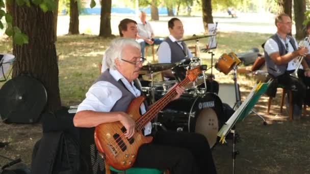 Male Musicians Sitting Play Guitar Drums Municipal Orchestra Performing Festive — Stock Video