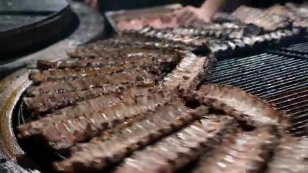 Nombreux Morceaux Côtes Porc Hachés Grillent Sur Porte Fil Circulaire — Video