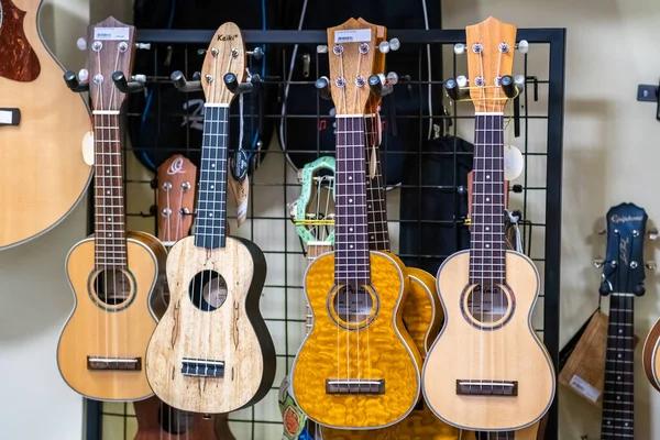 4小さな伝統的なハビアの小さなアコースティックギターウクレレは 音楽店にぶら下がっている — ストック写真