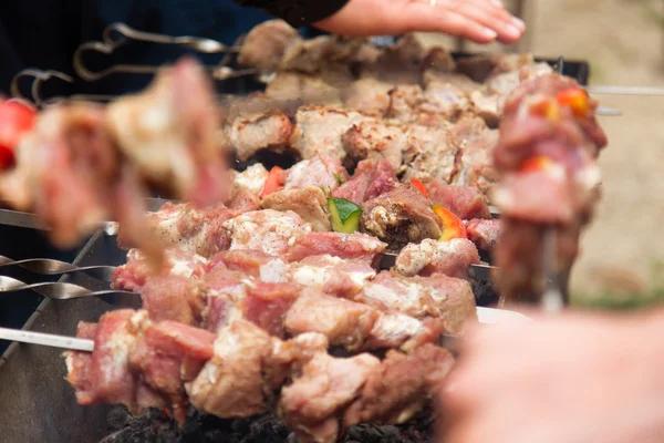 マリネ シャシリク、金属串で焼き肉をクローズ アップ — ストック写真