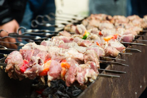 マリネ シャシリク、金属串で焼き肉をクローズ アップ — ストック写真