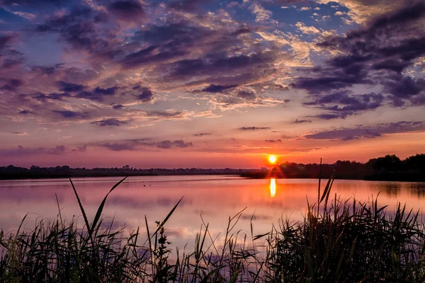 Belo pôr do sol de verão no lago — Fotografia de Stock