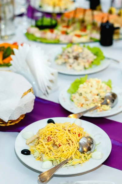 Appetizers and salads at the banquet table — Stock Photo, Image