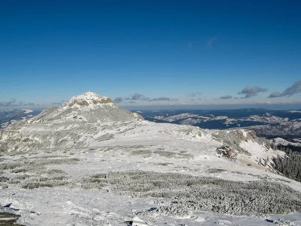 Kışın ağaçlı dağ zirvesi. Romanya 'nın Ceahlau Dağı' ndaki Meteoroloji İstasyonu ile Toaca Tepesi