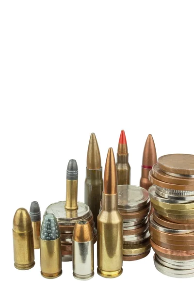 Ammunition and valid coins. Sales of weapons and ammunition. Illegal trade of ammunition. Advertising for the sale of ammunition. Valid Czech coins. — Stock Photo, Image