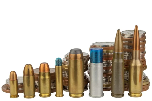 Ammunition and valid coins. Sales of weapons and ammunition. Illegal trade of ammunition. Advertising for the sale of ammunition. Valid Czech coins. — Stock Photo, Image