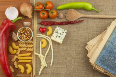Makarna için yemek tarifleri eski kitap. Tarif defteri. Ev ödevi makarnası. Yemek kitabına göre diyet. Sebze ve makarna.