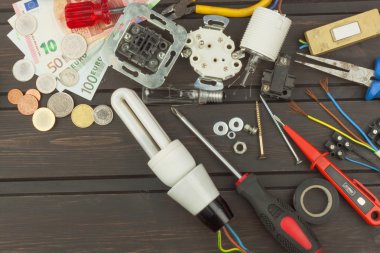 Çalışma tezgahındaki dağınıklık. Aletler, elektronik tamircisi. Ev aletlerinin onarımı. Elektronik parçaların satışı. Askerlere reklam.