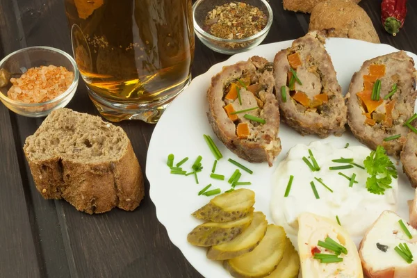 Baked roll with minced meat, cheese rolls and mayonnaise. Homework refreshments at the party. — Stock Photo, Image