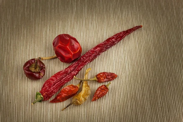 Verschillende soorten gedroogde chilipepers. Gedroogde rode chilipepers. Hete specerijen aan levensmiddelen. — Stockfoto