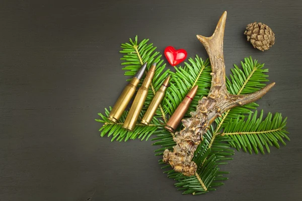 Roe deer antler and needles. Sales of hunting needs. Invitation to the hunting season. Advertising on hunting cartridges. Diploma for hunters. Place for your text. — Stock Photo, Image