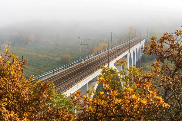 Eisenbahnbrücke Herbst Der Tschechischen Republik Dorf Dolni Loucky Zugverkehr Herbstlicher — Stockfoto