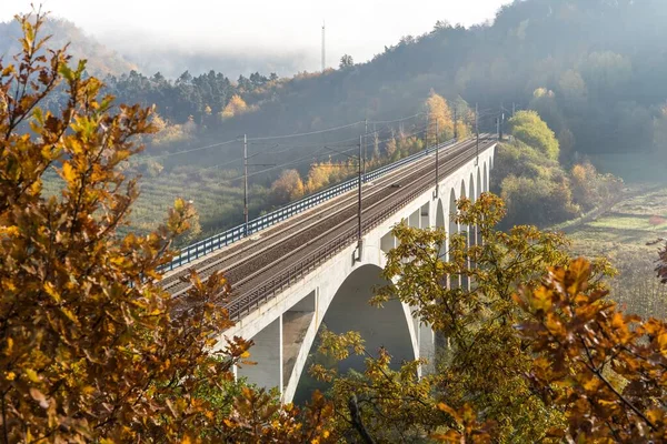 Железнодорожный Мост Осенью Чешской Республике Села Долни Луцкий Железнодорожный Транспорт — стоковое фото