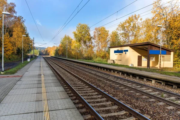 Eisenbahngleise Schienenverkehr Zugverkehr Herbstnebel Morgen Ländliche Landschaft Mit Eisenbahngleisen Der — Stockfoto