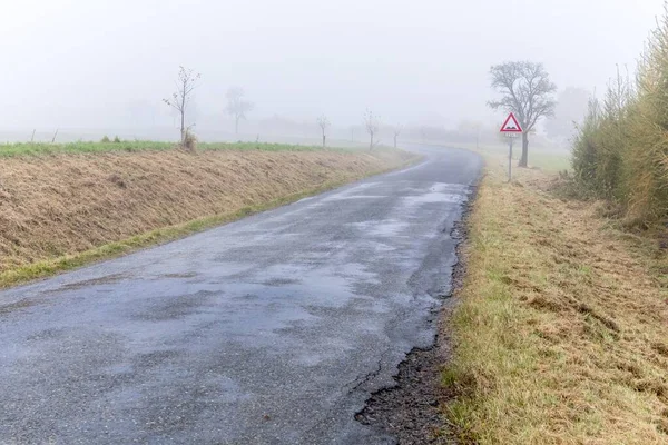 Wet rural asphalt road. Fog on the road. Dangerous weather. Dangerous road.