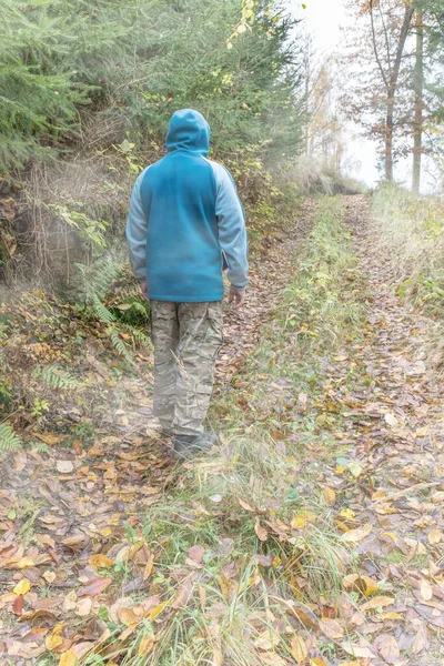 Lonely man in the misty autumn forest. Depressed mood. Man in a hood. Sad man.