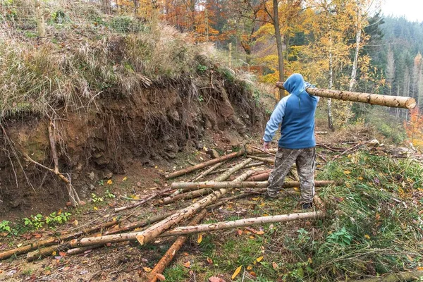 Man Carries Felled Tree Woods Work Forest Man Hood Wears — Stock Photo, Image