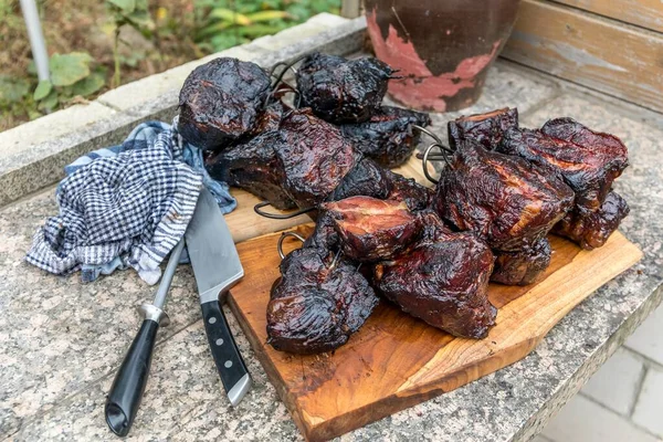 Fumer Viande Dans Fumoir Méthode Traditionnelle Fumer Viande Fumée Aliments — Photo