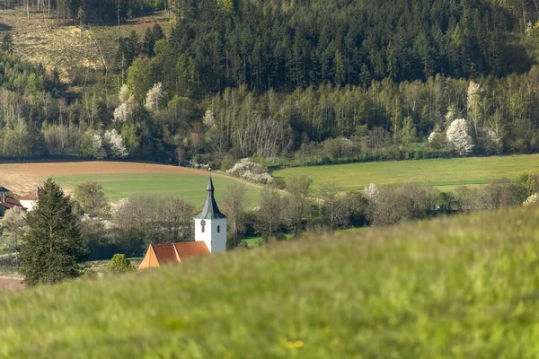 Czech country church. Sunday spring morning. Gothic church of St. Martin. Village Dolni Loucky - Czech Republic. Built in the middle of the 13th century.