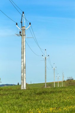 Kırsal kesimde elektrik hatları, ilkbahar günü mavi gökyüzüne karşı. Çek kırsalında elektrik dağıtımı.