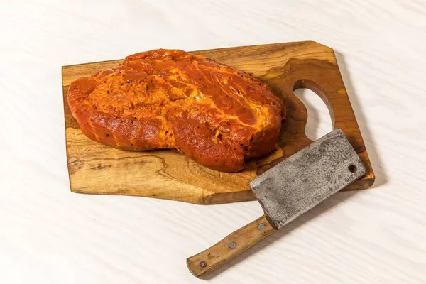 Viande Col Porc Marinade Sur Une Planche Découper Col Porc — Photo