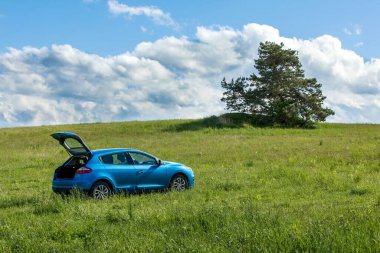 Yeşil alanda mavi bir araba. Arabayla güneşli bir bahar tatili. Yeşil alanda bir araba. Çevre.