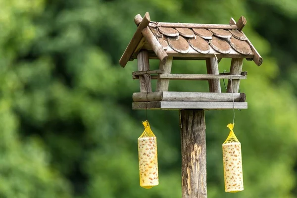 Tuinvogelvoeder Voerders Voor Vogels Het Stadspark Wazige Achtergrond Voeren Van — Stockfoto