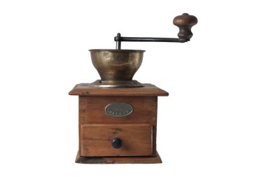 Beyaz arka plan üzerinde izole eski ahşap kahve öğütücü