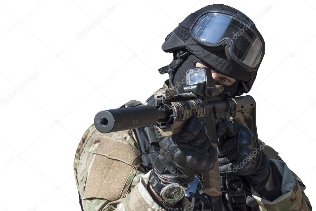 Fight against terrorism, Special Forces soldier, with assault rifle, police swat, isolated on white