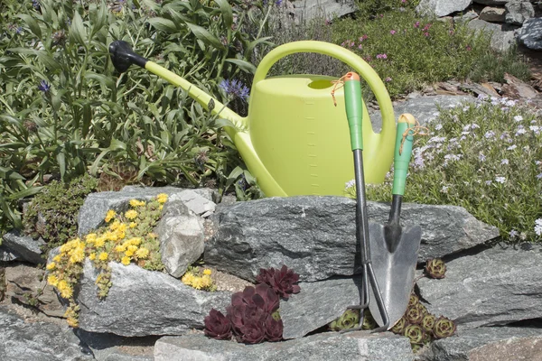 Watering can and garden tools, ready to work — Stock Photo, Image