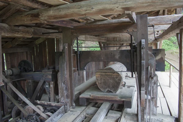 Vesely Kopec, Czech Republic-May 7,2014: Skanzen Vesely Kopec, folk architecture, typical Czech rural building, historical industrial wood products - sawmill cutting through logs, water mill — Stock Photo, Image