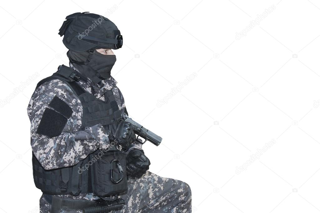 Fight against terrorism, Special Forces soldier, police swat, kneeling shooter, isolated on white