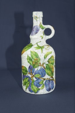 Glass wine bottle, decorated with decoupage technique, handmade clipart