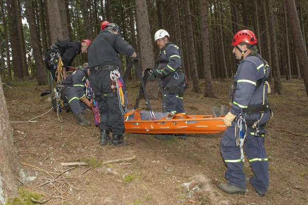 Training rescue injured people in difficult terrain — Stock Photo, Image