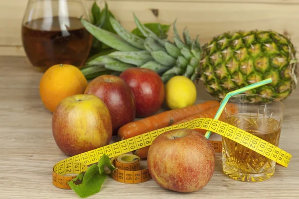 Diet food, apple juice, vegetables and fruits, concept diet, vitamin supplements, supplements