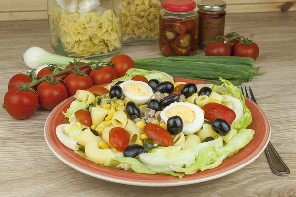 Uppfriskande sommar maträtt, pasta med tonfisk, grönsaker, oliver och ägg. Hälsosam mat för idrottare. — Stockfoto