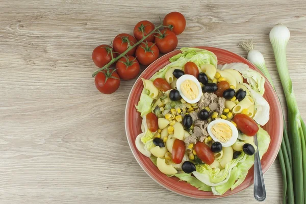 Uppfriskande sommar maträtt, pasta med tonfisk, grönsaker, oliver och ägg. Hälsosam mat för idrottare. — Stockfoto